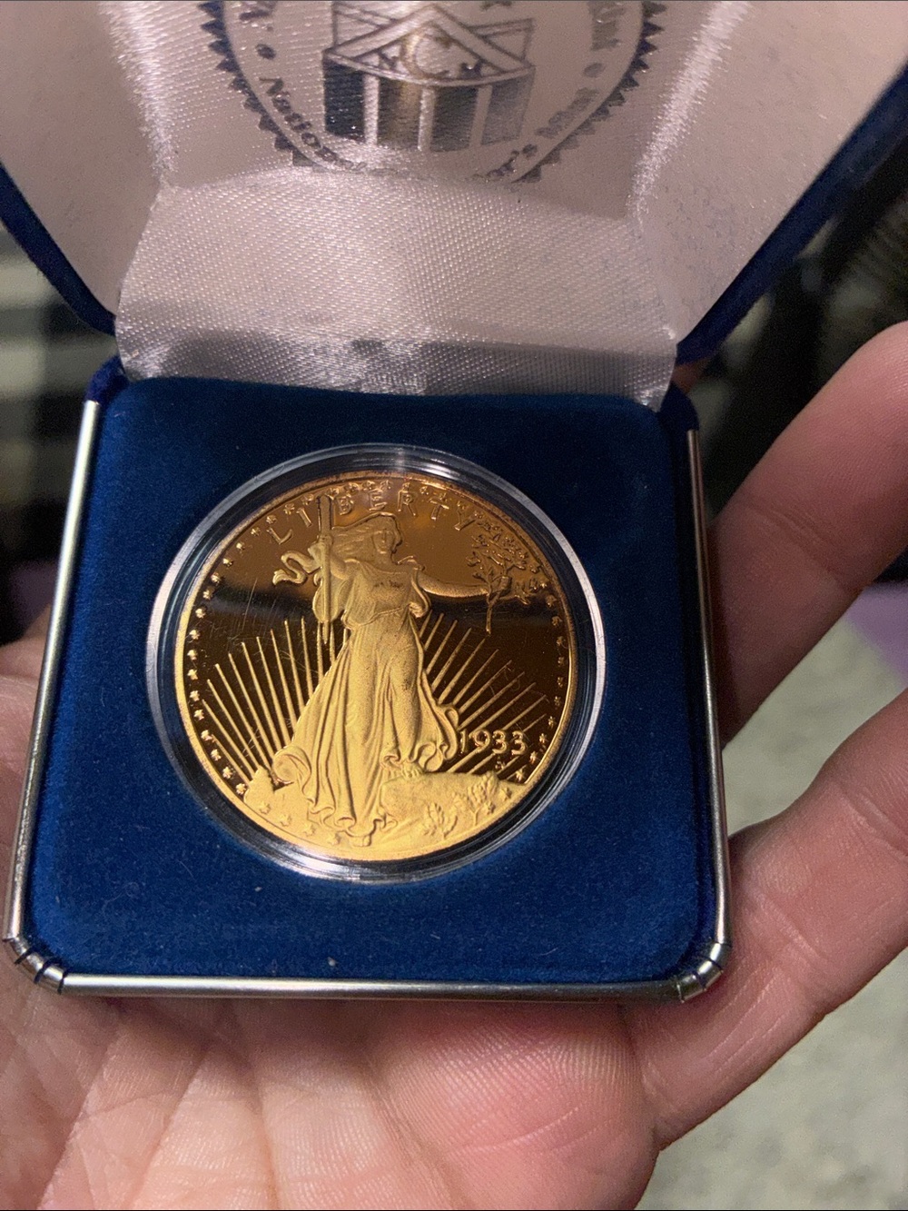 Gold Tone Commemorative Eagle Coin in Blue Display Case - Picture 2 of 8